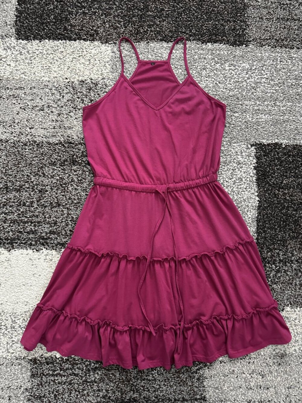 NEWSHOWS (L) Magenta Pink Ruffle Sun Dress A-Line Sundress Drawstring Strappy